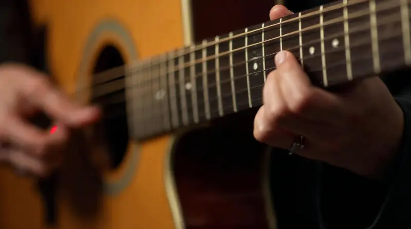 Les deux mains d'un guitariste sur une guitare acoustique, la droite pinçant les cordes au-dessus de la rosace