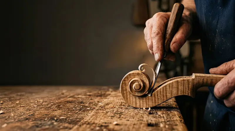Luthier sculptant la volute d'un violon à son établi, gouge à la main