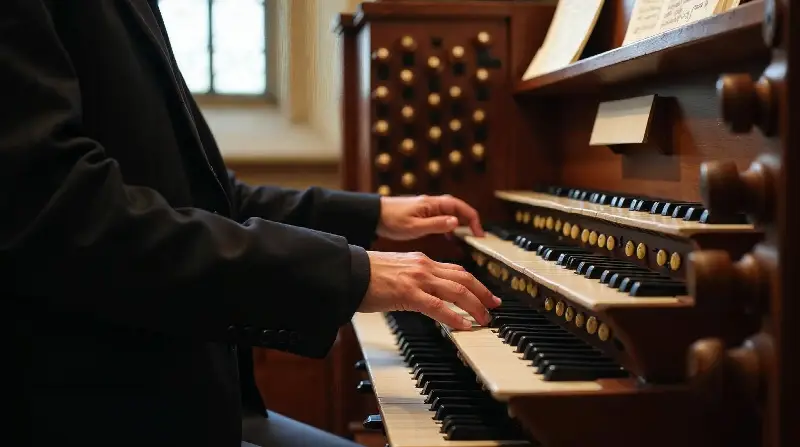 Mains d'un organiste sur les claviers d'un orgue, tirants de registres de chaque côté