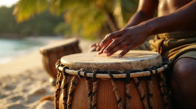 Mains d'un percussionniste sur la peau d'un tambour tendu de cordes, sur une plage bordée de palmiers au soleil couchant