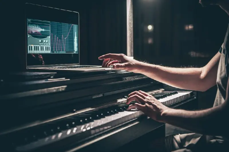Mains d'un pianiste sur un piano numérique, l'une posée sur le pavé d'un ordinateur portable qui affiche un logiciel audio