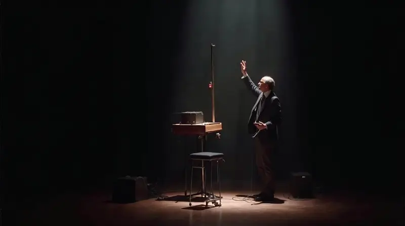 Musicien sur scène, la main levée à distance de l'antenne verticale d'un thérémine