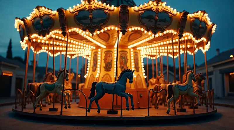 Manège ancien aux chevaux de bois peints, éclairé par ses ampoules à la tombée du jour