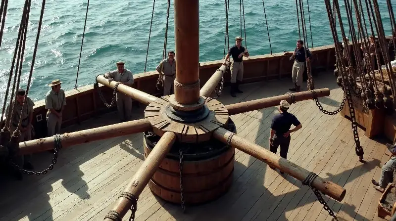 Cabestan en bois et ses longues barres sur le pont d'un voilier ancien, entouré de marins