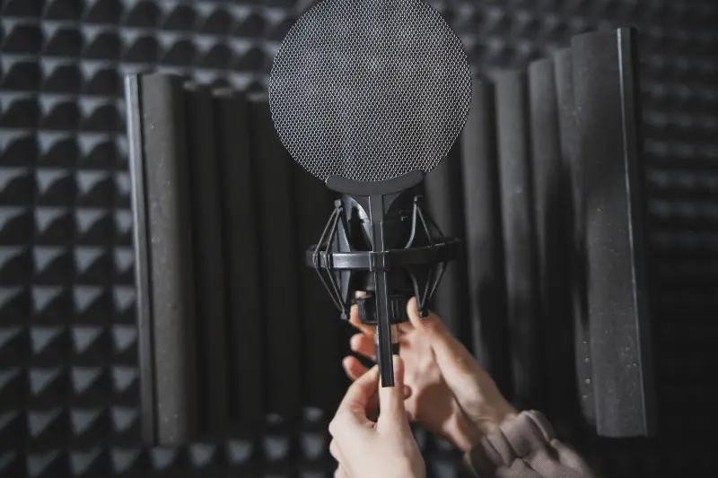 Micro de studio équipé d’un filtre anti-pop dans une cabine d’enregistrement