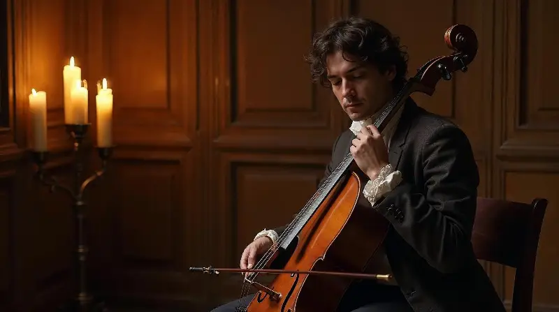 Musicien en costume ancien jouant d'un instrument à archet tenu entre les genoux, à la lueur de bougies