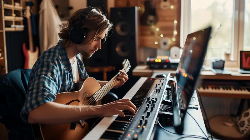 Musicien au casque qui tient une guitare tout en jouant d’un clavier, dans un home studio