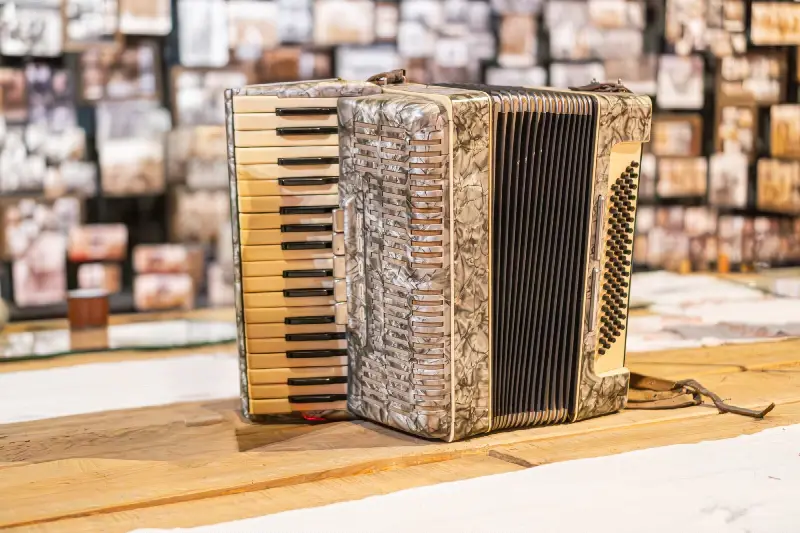 Vieil accordéon à clavier piano, au boîtier gris nacré et au soufflet noir, posé sur une table en bois