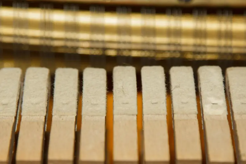 Marteaux feutrés et cordes à l'intérieur d'un piano droit, vus de près
