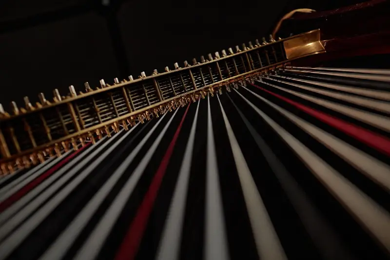 Cordes d'un piano vues de près, en enfilade, sous une barre métallique dorée