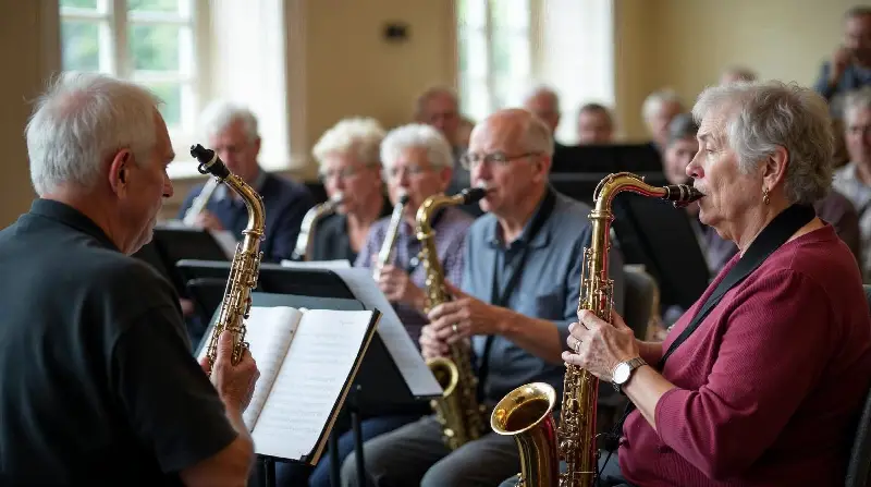 Musiciens amateurs aux cheveux gris qui répètent au saxophone et à la flûte derrière leurs pupitres, dans une salle aux grandes fenêtres