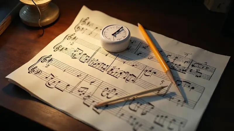 Partition annotée au crayon, avec un crayon et une petite minuterie ronde posés dessus
