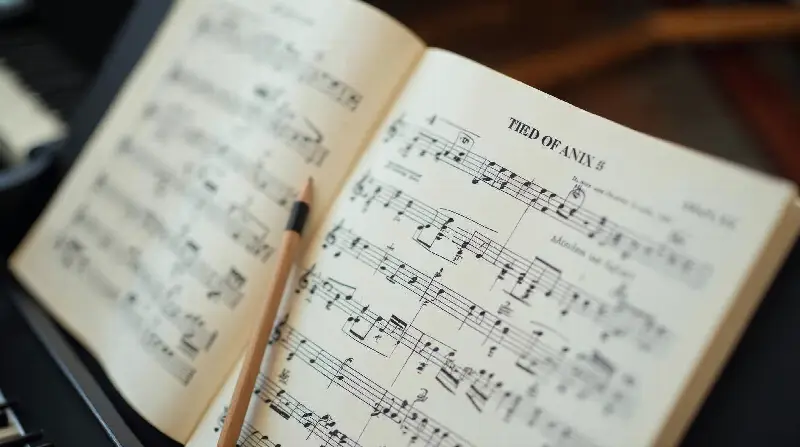 Partition de piano ouverte sur le pupitre, un crayon posé dessus, quelques chiffres de doigté au-dessus des notes