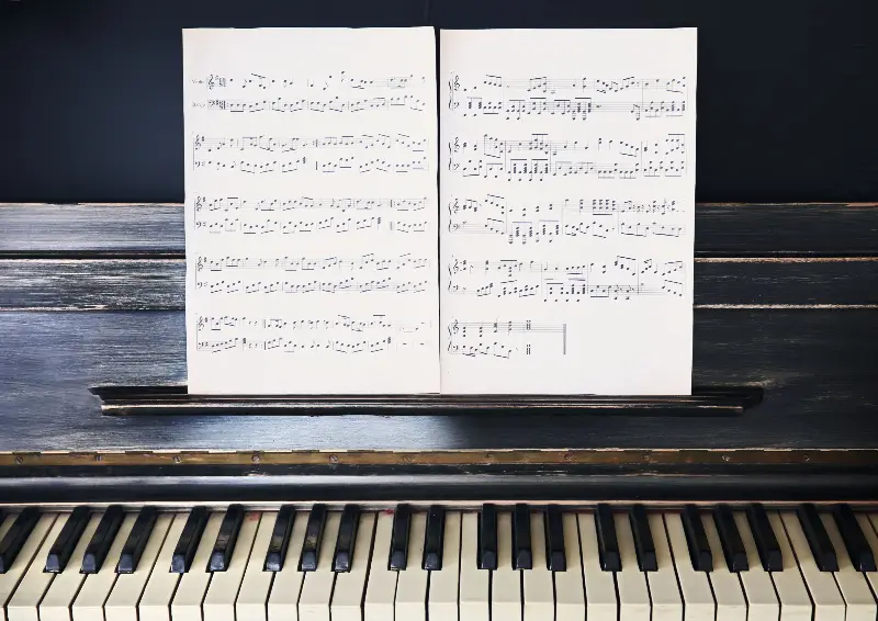 Partition pour piano imprimée, ouverte sur le pupitre d'un piano droit noir