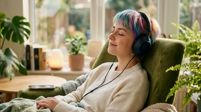 Personne écoutant de la musique au casque, les yeux fermés