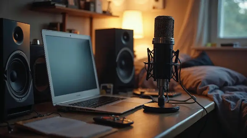 Petit micro statique noir sur un bureau, entre un ordinateur portable et deux enceintes de studio, dans une chambre