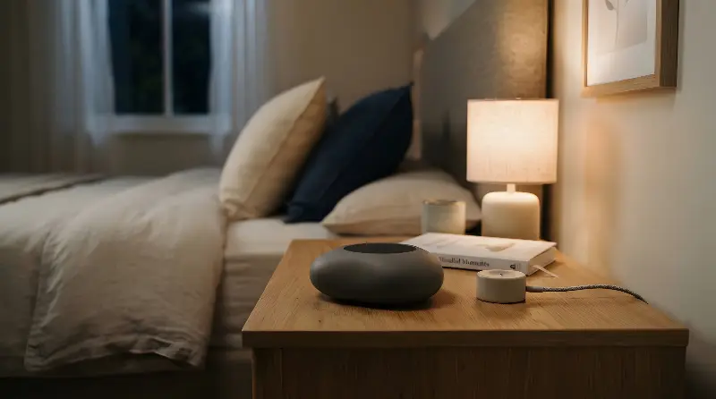 Petite enceinte ronde, livre et lampe allumée sur une table de chevet, à côté d'un lit dans la pénombre