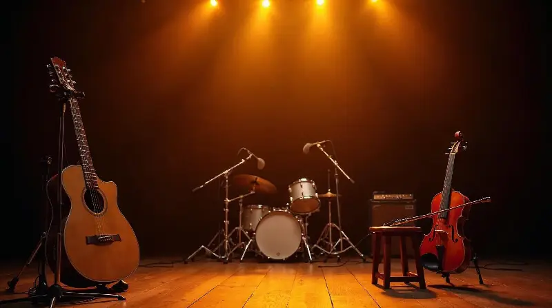 Petite scène avant un concert : guitare, violon près d’un tabouret, batterie et micros