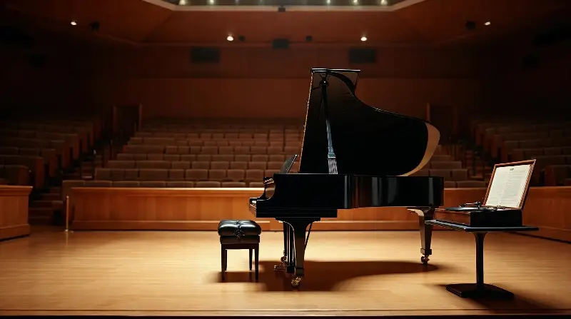 Piano à queue ouvert sur la scène vide d'une salle de concert, à côté d'un tourne-disque posé sur une petite table