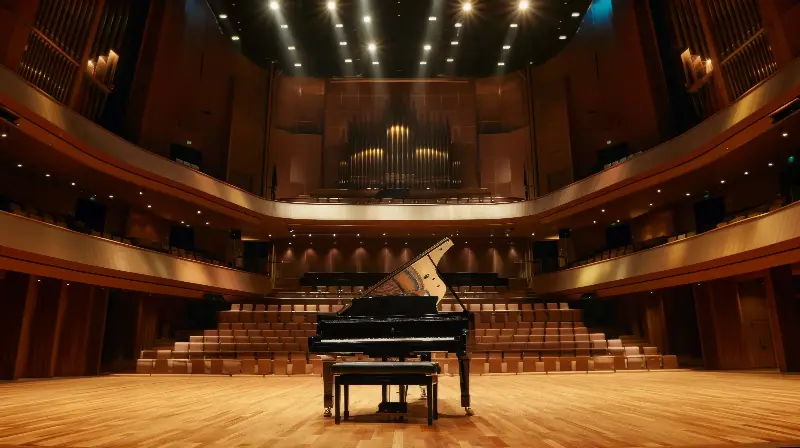 Piano à queue seul sur la scène d'une salle de concert vide, orgue en fond
