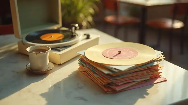 Pile de disques 45 tours dans des pochettes pastel à côté d’un tourne-disque portable crème, sur une table de café en marbre