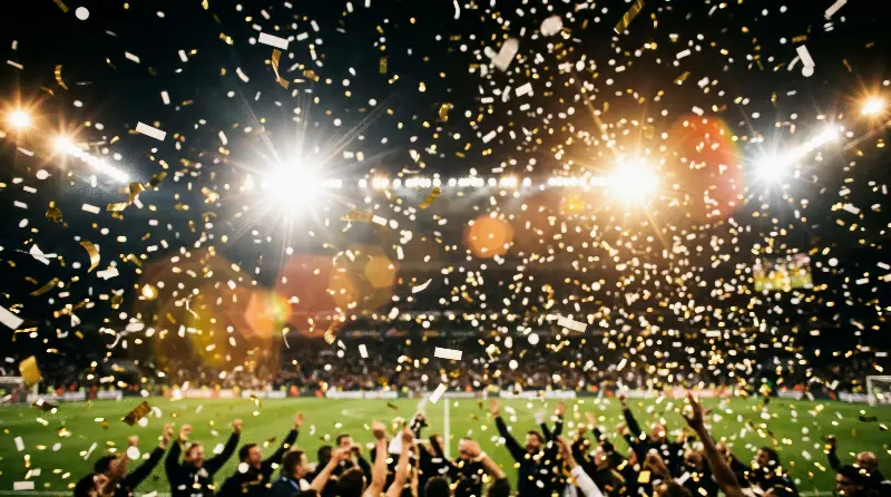 Pluie de confettis dorés sous les projecteurs d'un stade, des joueurs et leur encadrement en liesse sur la pelouse