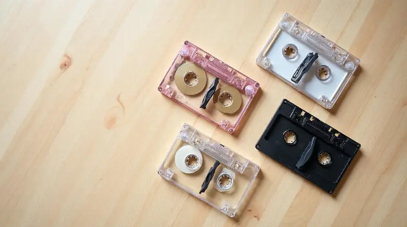 Quatre cassettes audio posées sur une table en bois clair : une rose transparente aux bobines dorées, deux transparentes et une noire