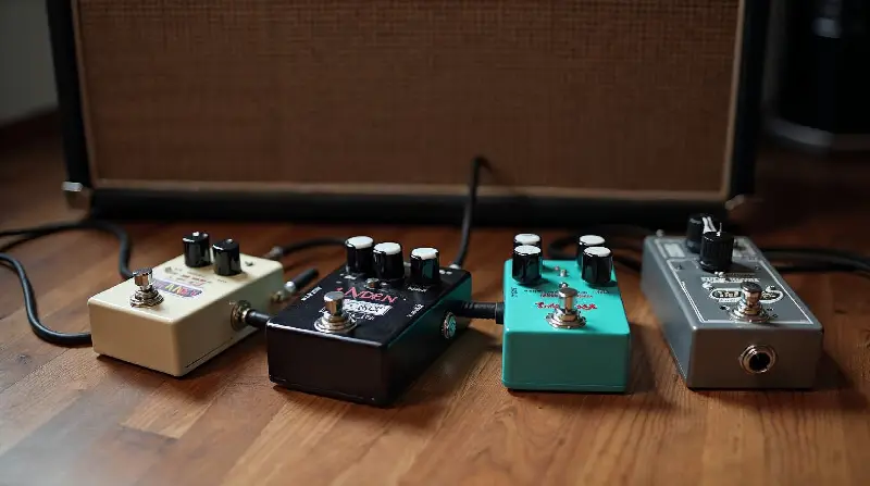 Quelques pédales d'effet posées au sol devant un ampli de guitare à lampes