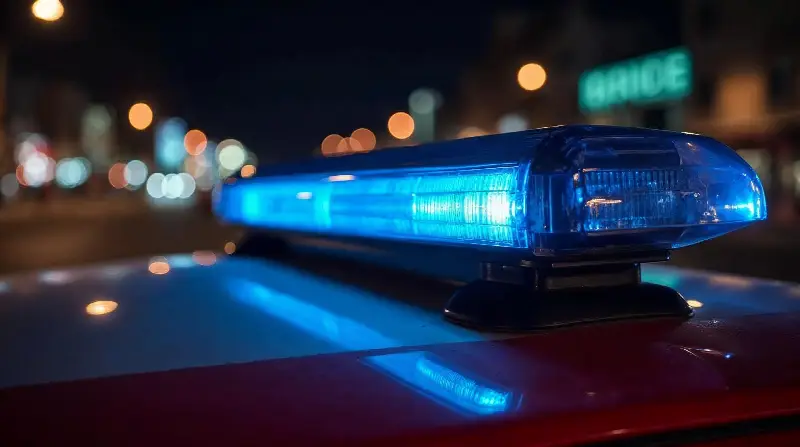 Rampe de gyrophares bleus et haut-parleur de sirène noir sur le toit d'un véhicule de secours, de nuit