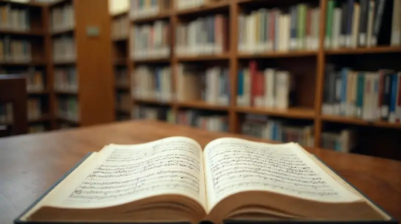 Rayonnages de recueils de partitions dans une bibliothèque, une partition ouverte sur une table