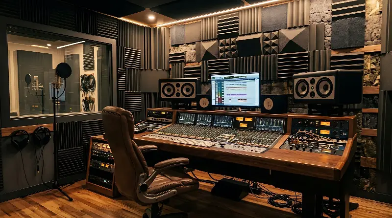 Cabine d'enregistrement vue depuis la console de mixage d'un studio