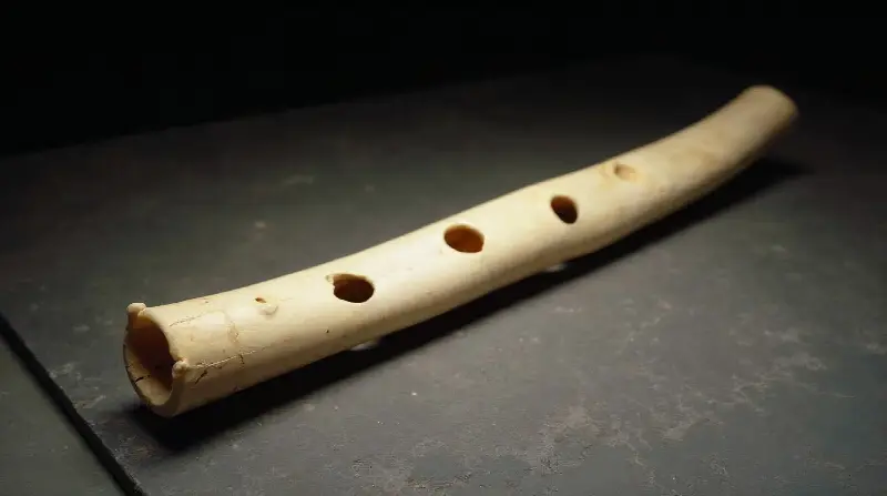 Réplique d'une flûte préhistorique en os clair, percée de plusieurs trous, posée sur une pierre sombre