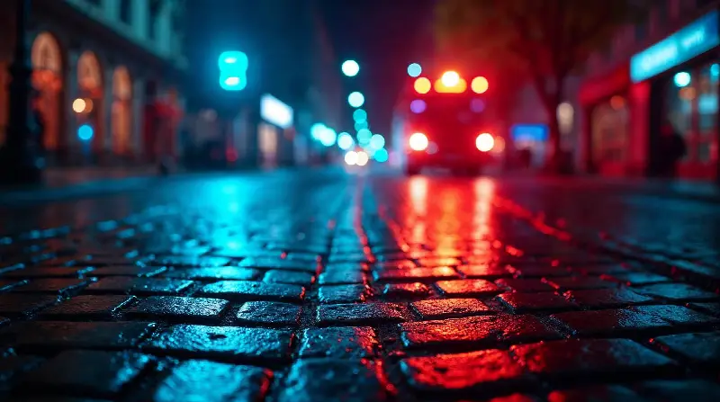 Rue pavée la nuit, éclairée par les feux d'un véhicule de secours