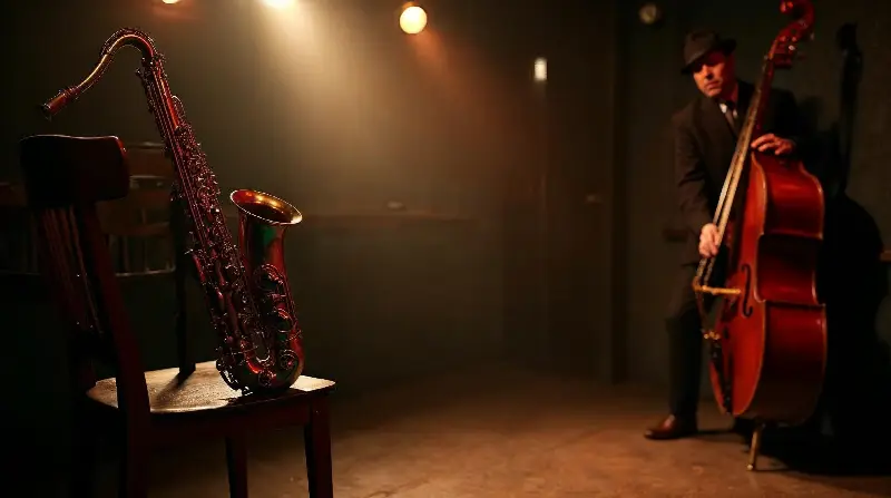 Saxophone posé sur une chaise en bois dans un club de jazz tamisé, un contrebassiste en chapeau au fond de la salle