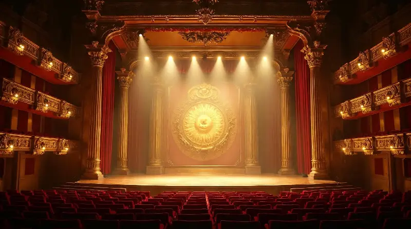Scène de théâtre dorée aux colonnes sculptées, un grand soleil en médaillon au centre, devant des rangées de fauteuils rouges