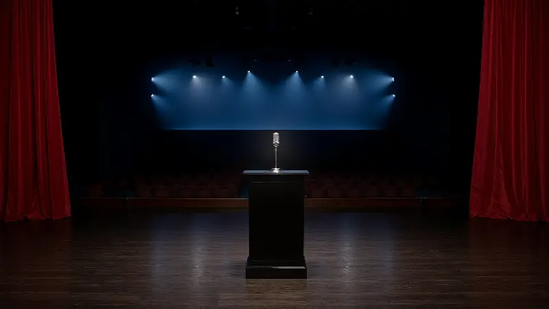 Scène de théâtre vide entre deux rideaux de velours rouge, un micro ancien posé sur un pupitre face aux fauteuils