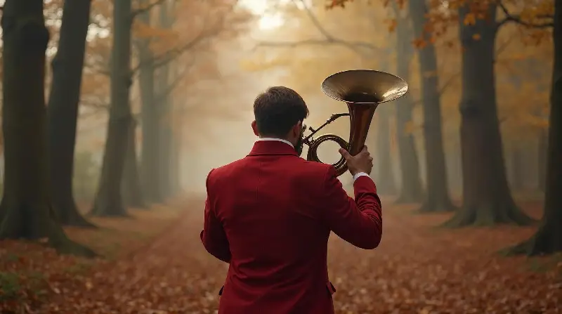 Sonneur en habit rouge vu de dos dans une allée forestière d'automne, le pavillon de sa trompe levé au-dessus de l'épaule