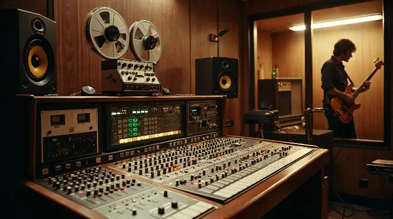 Studio d'enregistrement des années 70 avec console de mixage analogique et magnétophone à bandes, un bassiste derrière la vitre