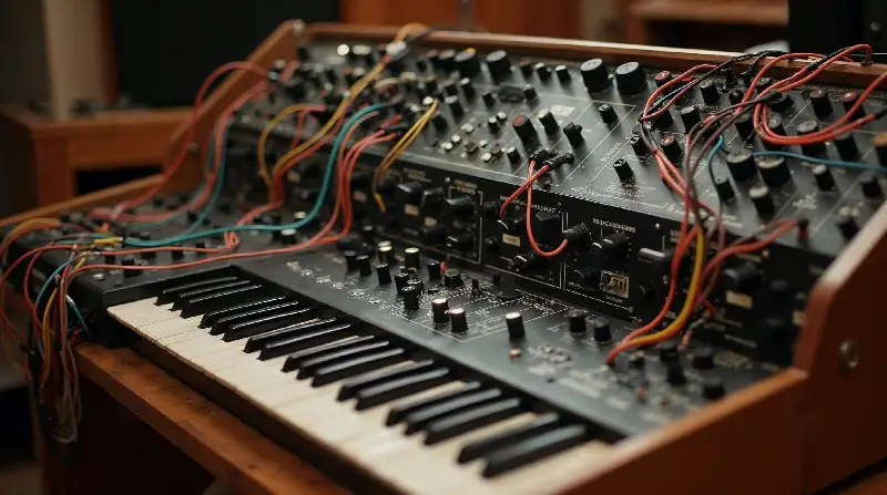 Synthétiseur analogique à clavier dans un meuble en bois, ses boutons reliés par des câbles de couleur