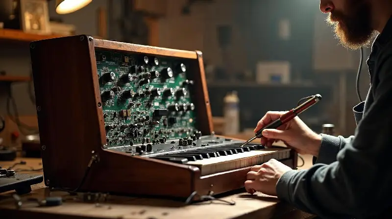 Synthétiseur analogique ancien ouvert sur un établi, cartes électroniques à nu, pendant une révision au fer à souder