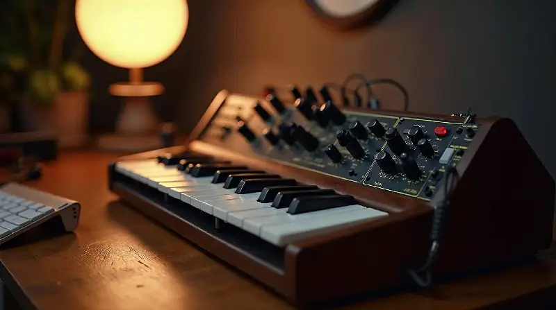 Synthétiseur analogique compact sur un bureau en bois, câbles de patch branchés au-dessus du clavier