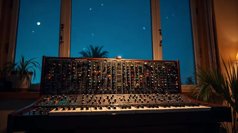 Synthétiseur modulaire à clavier, couvert de boutons colorés, devant une fenêtre ouverte sur un ciel étoilé