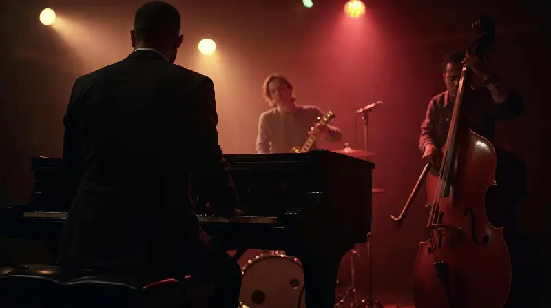 Trio de jazz sur la petite scène d'un club : un pianiste de dos au piano à queue, une contrebasse et une batterie