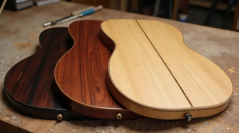 Trois caisses de guitare en bois foncé, brun-rouge et clair posées côte à côte sur un établi