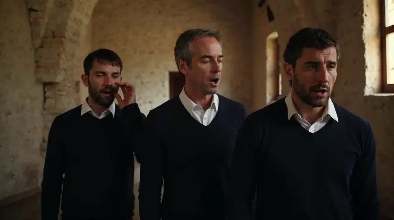 Trois chanteurs en pull sombre et col blanc dans une salle aux murs de pierre, l'un portant la main près de son oreille