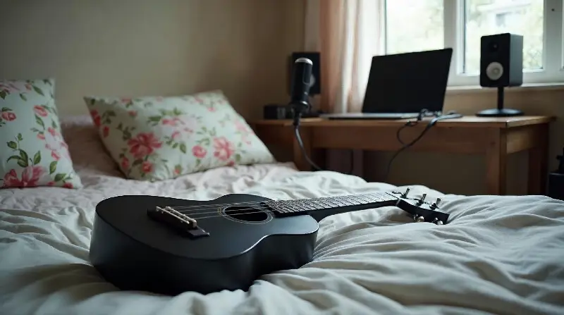 Ukulélé noir posé sur un lit, à côté d'un micro de studio