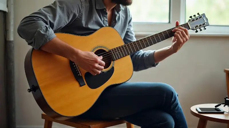 Un adulte assis sur une chaise joue d'une guitare folk près d'une fenêtre, un téléphone posé sur une petite table à côté de lui