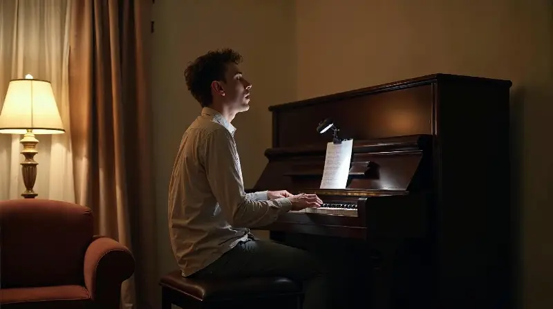 Un homme chante assis près d'un piano droit pendant que son téléphone posé sur le piano l'enregistre
