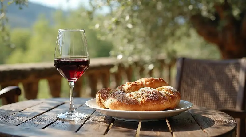 Un verre de vin rouge et une assiette de pains dorés sur une table en bois, sur une terrasse ensoleillée bordée d'oliviers