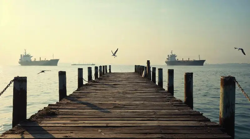 Un vieux quai en bois au bord d'une baie calme, des cargos au loin